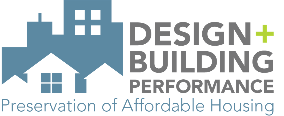 Logo of a silhouette of homes with text on the right-hand side that reads, Design + Building Performance