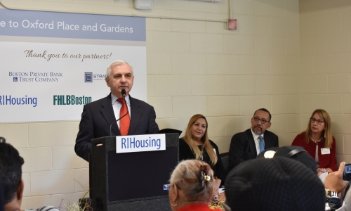 Senator Reed, Rep. Cicilline, Mayor Elorza, state officials, partners and residents celebrate renovations at Rhode Island senior and family housing